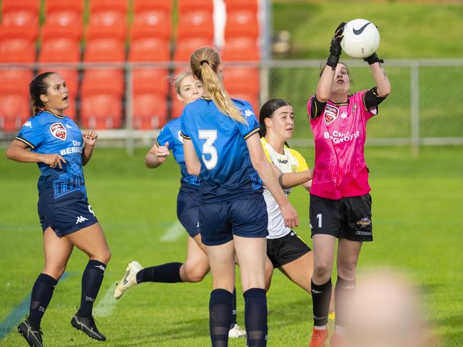 South West Queensland Thunder goal keeper Justeen Kruger makes a save against Mitchelton FC in FQPL1 Women's round four football at Clive Berghofer Stadium, Saturday, April 23, 2022. Picture: Kevin Farmer