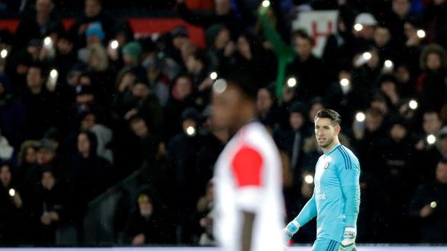 Brad Jones with Feyenoord fans in the background.