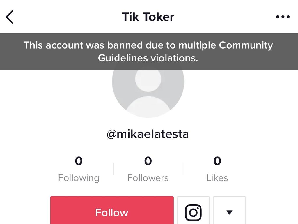 Mikaela's old account now displays an error message. Picture: TikTok