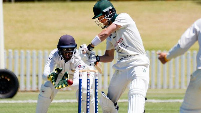 Woodville’s Harvey Brennan batting against West Torrens. Picture: Brenton Edwards