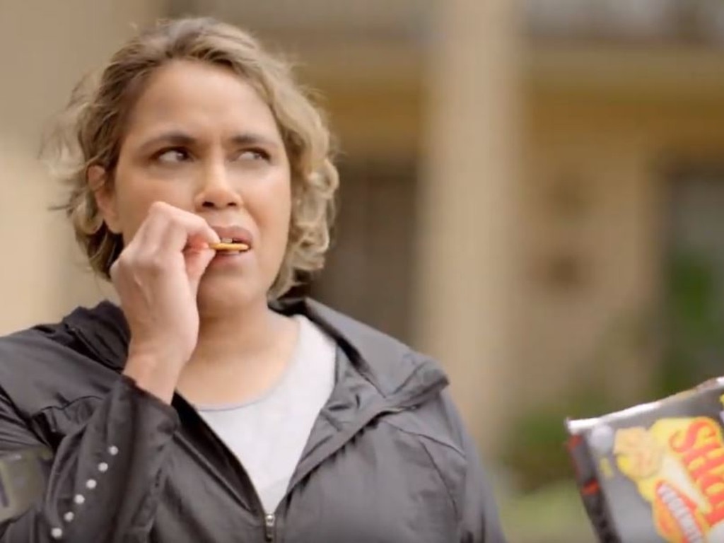 Cathy Freeman stars in the TV ad for the new Arnott's Vegemite and Cheese Shapes. Picture: Supplied