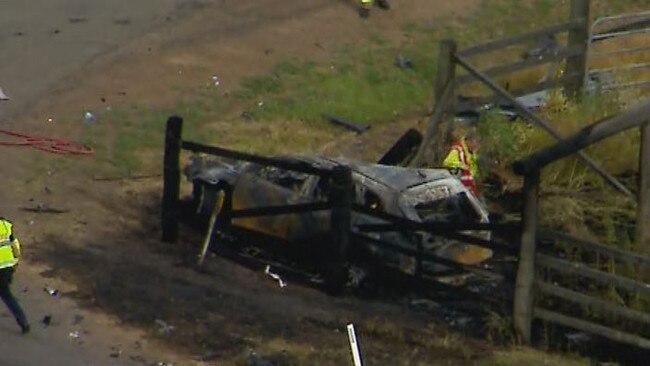 The stolen Mazda CX-9 caught fire after hitting a power pole at Brightview in the Lockyer Valley. Picture: 9 News