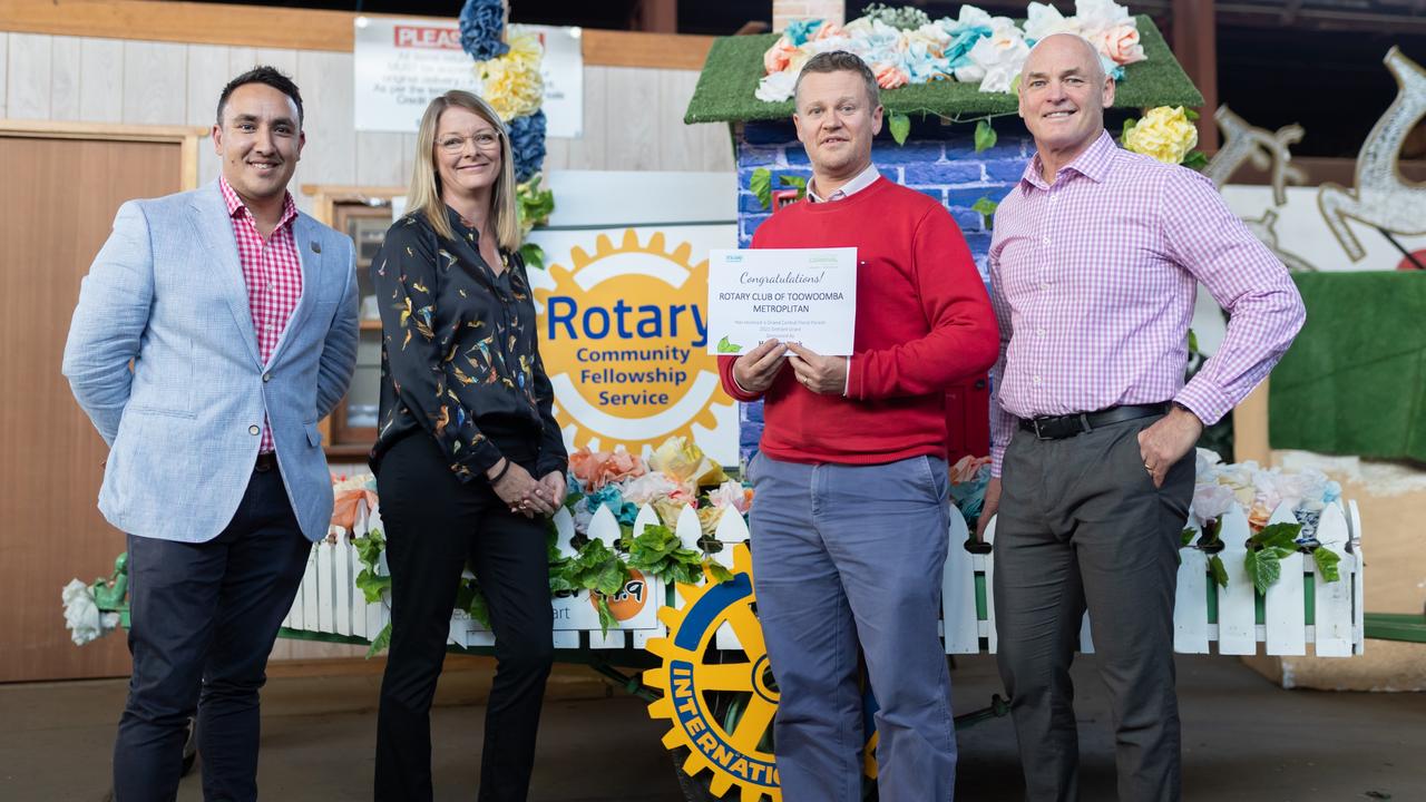 At the announcement of the Carnival of Flowers Parade grants (from left) Cr James O'Shea, Julie Thompson from Grand Central Shopping Centre, Jamie Smith from Rotary Club of Toowoomba Metropolitan and Andrew Fox from Heritage Bank.