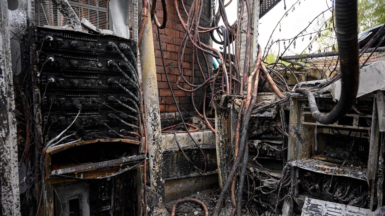 Damaged cabling and telecommunications equipment at an apartment block complex in Huddersfield, northern England. Picture: AFP/Oli Scarff