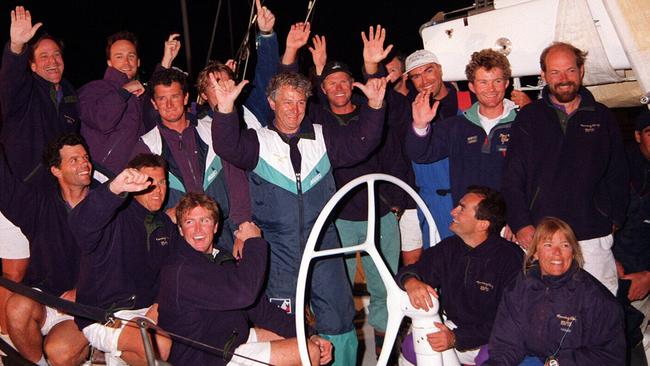 sydney to hobart yacht race finish pic ian/mainsbridge -  morning glory crew and owner hasso plattner celebrate their record breaking win Sport sailing yachting tas records celebrations headshot dec 1996