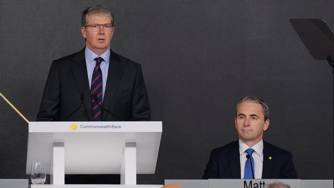 CBA CEO Matt Comyn and chairman Paul O'Malley during their AGM at the MCG. Picture: NCA NewsWire / Luis Ascui