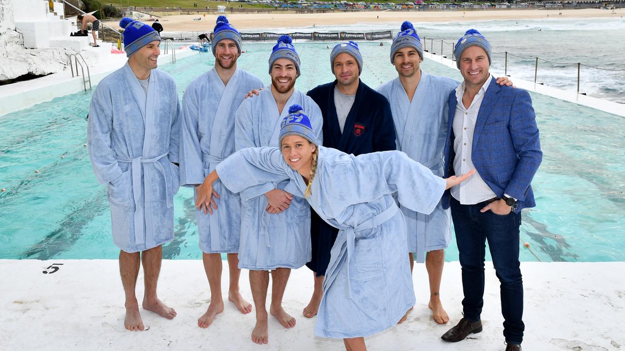 Sydney Swans chief Tom Harley, Collingwood’s Jeremy Howe, Melbourne’s Jack Viney, swimmer Chloe McCardel, presenter Matt Doran, ex-Bachelor Matty J and former Swan Jude Bolton. Picture: NCA NewsWire/Joel Carrett