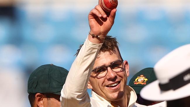 Todd Murphy celebrates his dream five-for on debut. Picture: Robert Cianflone/Getty Images