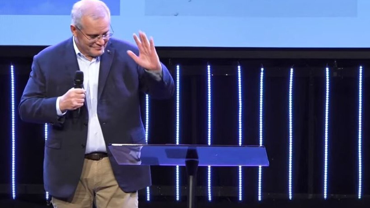 Mr Morrison took a moment to compose himself. Picture: YouTube/Horizon Church