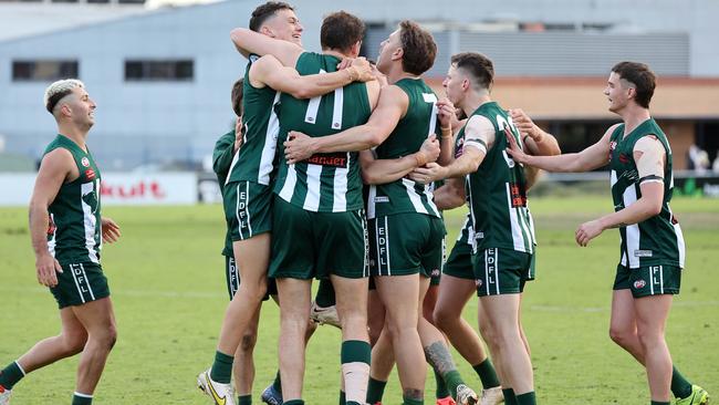 EDFL: Airport West players celebrate after winning the match. Picture: George Salpigtidis