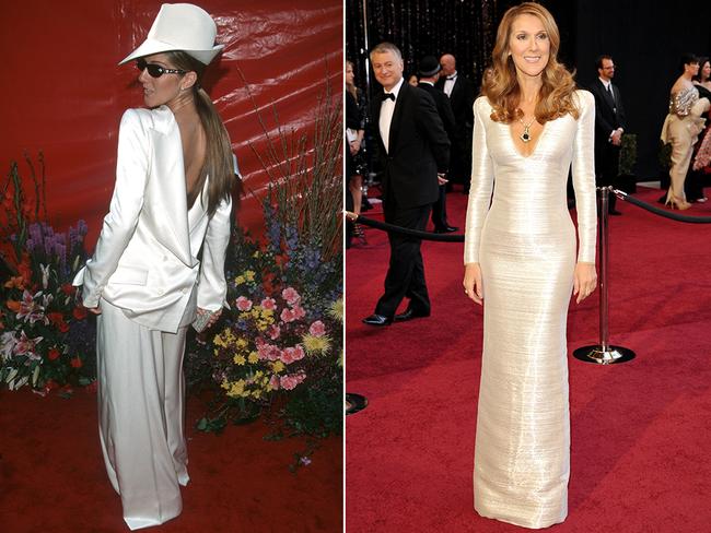 Unforgettable for a variety of reasons ... Celine Dion at the Oscars in 1999 and then 2011. Picture: Getty