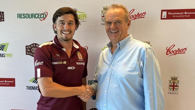 Former Adelaide Crows player Ned McHenry with Prince Alfred Old Collegians football director Jim Parkinson after signing with the club as player/coach for 2025. Picture: Prince Alfred Old Collegians.