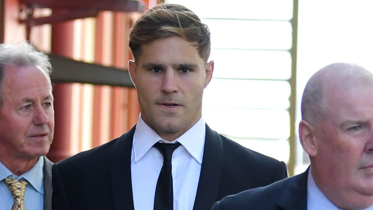 Jack de Belin arrives at Wollongong Courthouse with his manager Steve Gillis (right) as jury deliberations commence. Picture: NCA NewsWire / Simon Bullard