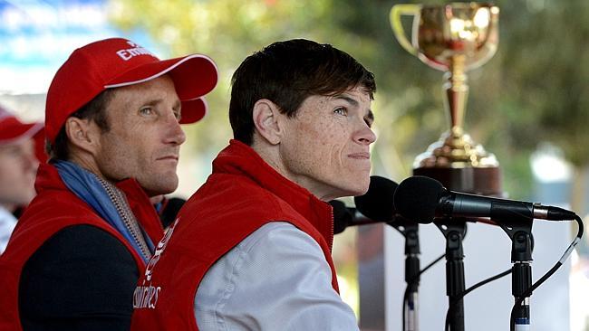 Big-race jockeys Craig Williams (right) and Damien Oliver at the Melbourne Cup parade. Picture: Tony Gough