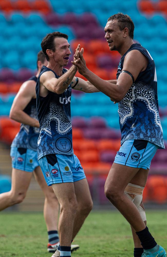 Daniel Stafford celebrates a goal as the Darwin Buffaloes took on the Palmerston Magpies in Round 14 of the 2023-24 NTFL season. Picture: Pema Tamang Pakhrin