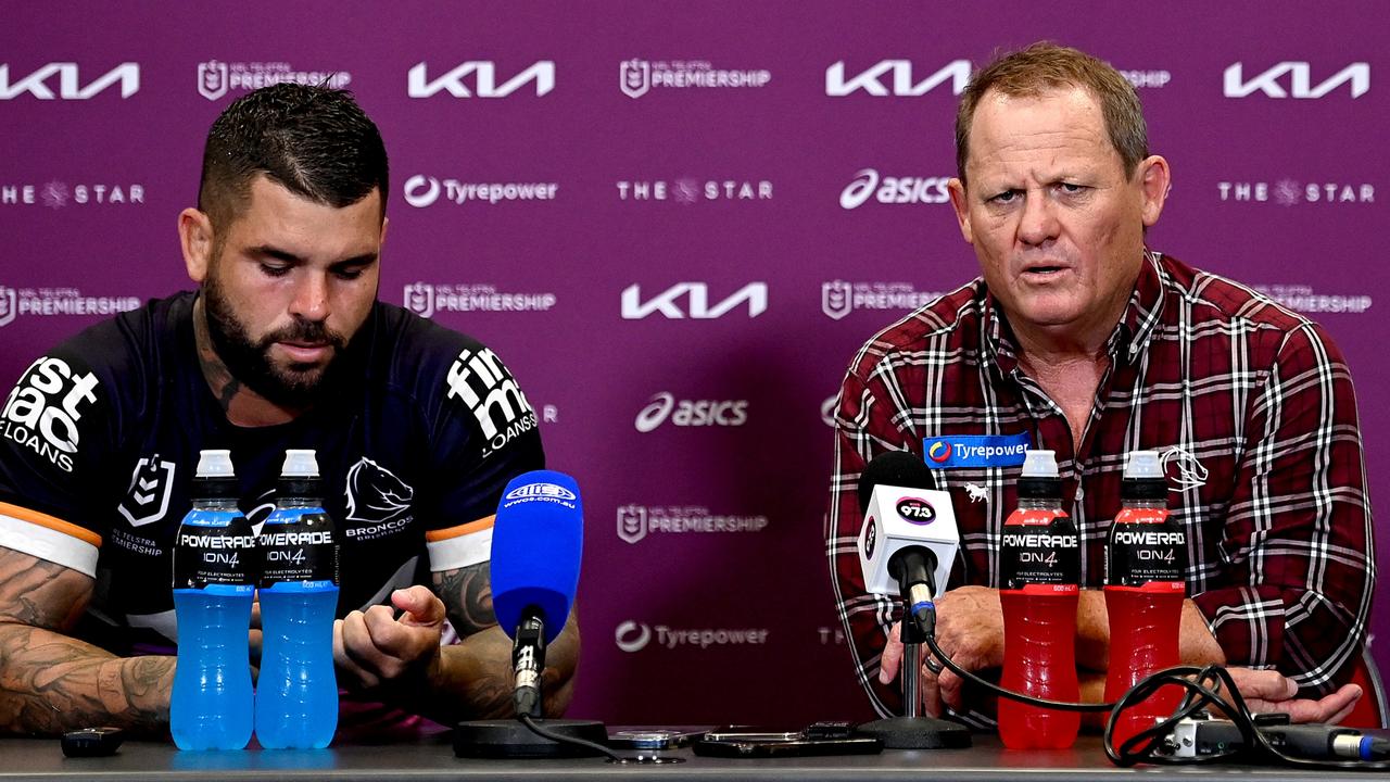 Broncos coach Kevin Walters and Adam Reynolds speak after the round four game. (Photo by Bradley Kanaris/Getty Images)