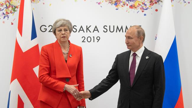Mrs May’s cool handshake with Russian President, Vladimir Putin during a bilateral meeting on the first day of the G20 summit.