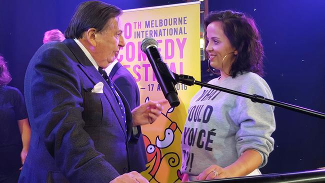 Barry Humphries in Melbourne for the MICF’s 2016 award ceremony with nominee Luisa Omielan.