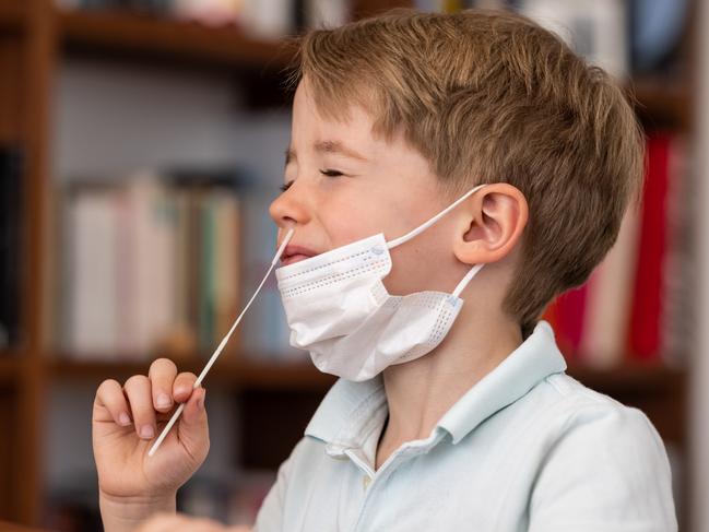 4 year pre-school boy introduces a corona test swab into his nose as he carries out a corona self test istock image