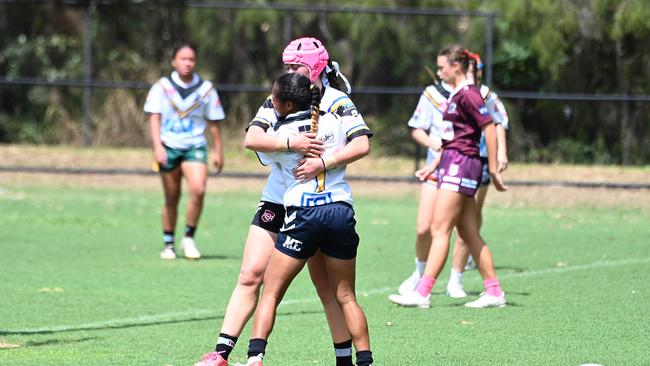 South Logan celebrate a try by Janique Mili in the girls U17s between South Logan and Burleigh Bears. Saturday January 25, 2025. Picture, John Gass