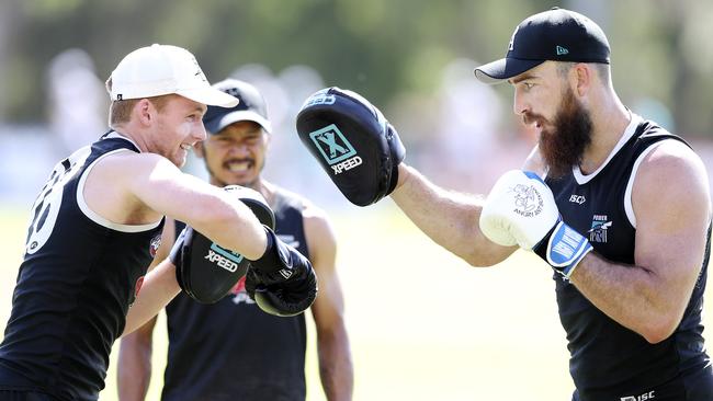 Willem Drew, left, boxing with Charlie Dixon at the Power’s Noosa training camp.