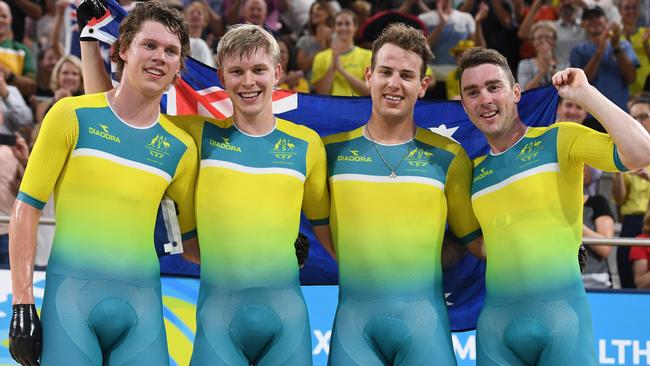 From left, Kelland O’Brien, Alex Porter, Sam Welsford and Leigh Howard celebrate their gold-medal cycling win. Picture: AAP