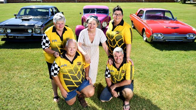 Frosty Mango hosting a retro car meet. Owner Heidi Poefinger with Cyclones Rod and Custom Club members Gayle and Cyril Johnston, Bernadette and Jeff Cooper, with a '69 Ford Falcon XW, '34 Chevy Roadster and a '62 Thunderbird. Picture: Alix Sweeney