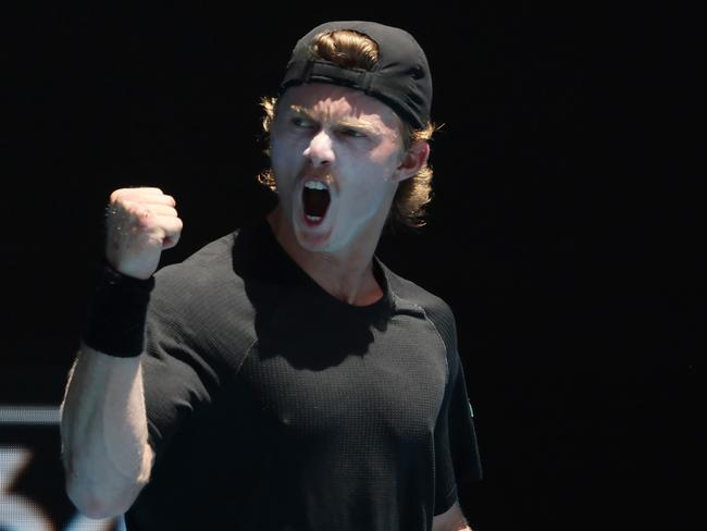 MELBOURNE , AUSTRALIA. January 14, 2024. Australian Open Tennis. Day 1.   Dane Sweeny vs Francisco Cerundolo.   Dane Sweeny celebrates winning the 1st set  . Pic: Michael Klein