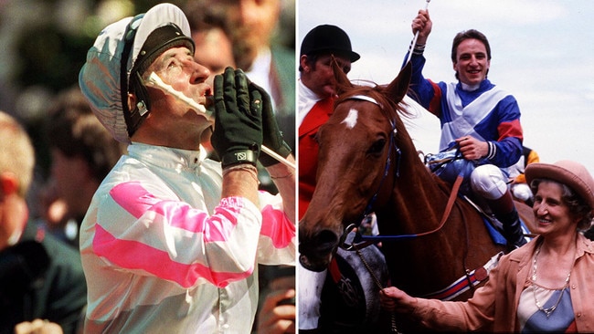 Jockey Jim Cassidy celebrates his Melbourne Cup victories aboard Might And Power (left) and Kiwi. Pictures: File