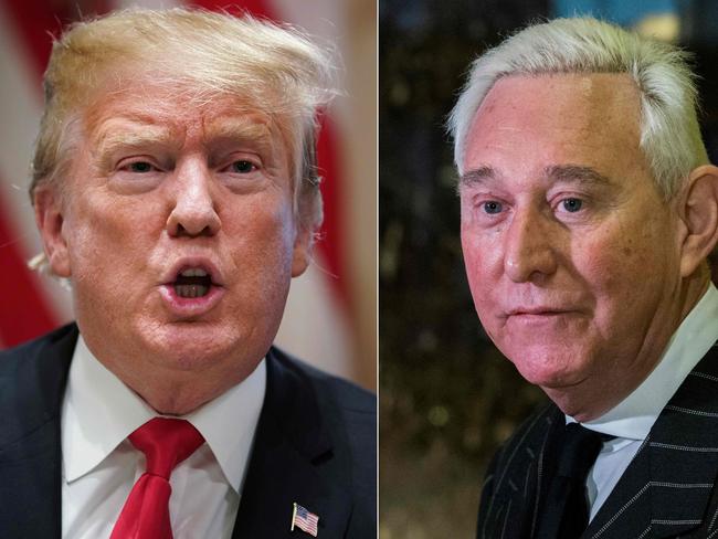 (COMBO) This combination of file pictures created on January 25, 2019 shows US President Donald Trump speaking in the Cabinet Room of the White House on January 24, 2019, in Washington, DC; and political consultant Roger Stone speaking with media after meeting with US President-elect Donald Trump at Trump Tower on December 6, 2016 in New York. - Stone, a longtime adviser to Trump, was arrested on January 25, 2019, under an indictment issued by the special counsel examining possible collusion with Russia. Stone was charged with seven counts, including obstruction of an official proceeding, making false statements and witness tampering, according to Special Counsel Robert Mueller's office. (Photos by MANDEL NGAN and Eduardo Munoz Alvarez / AFP)