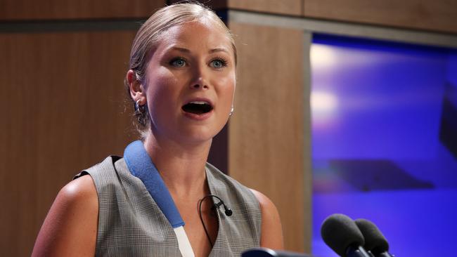 Grace Tame addresses the media at the National Press Club. Picture: Lisa Maree Williams/Getty Images