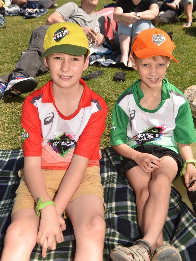 Game three of Dettol ODI series between Australia and Zimbabwe at Riverway Stadium. Jack, 9, and William Roebuck, 7. Picture: Evan Morgan