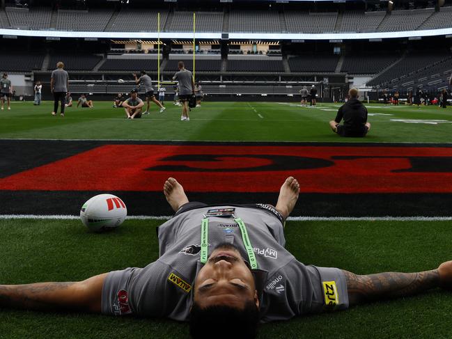 DAILY TELEGRAPH FEBRUARY 28, Panthers Moses Leota getting a feel for the ground during their walk through of Allegiant Stadium in Las Vegas. Picture: Jonathan Ng