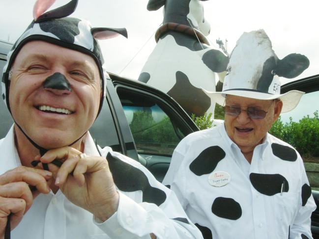 Dan Cathy, left, and his father, Chick-fil-A founder Truett Cathy, are shown in a Friday July 11, 2008 photo, as they don their 