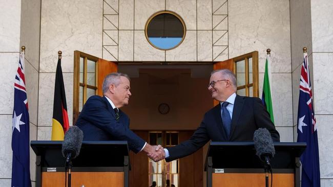 Prime Minister Anthony Albanese congratulates Bill Shorten after his retirement announcement on Thursday.