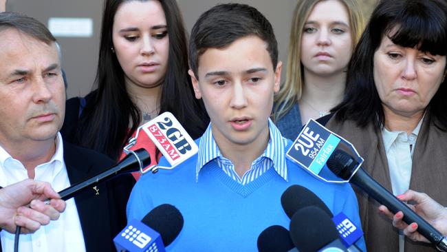 Stuart Kelly pictured bravely speaking to the media outside the sentence appeal hearing for Thomas Kelly’s killer Kieran Loveridge in 2014. Picture: AAP Image/Dean Lewins