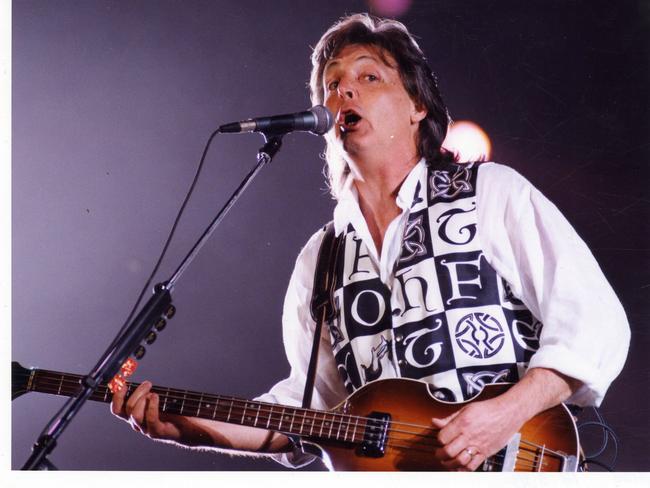 Singer Paul McCartney on stage in concert at Adelaide Oval, 13 Mar 1993.