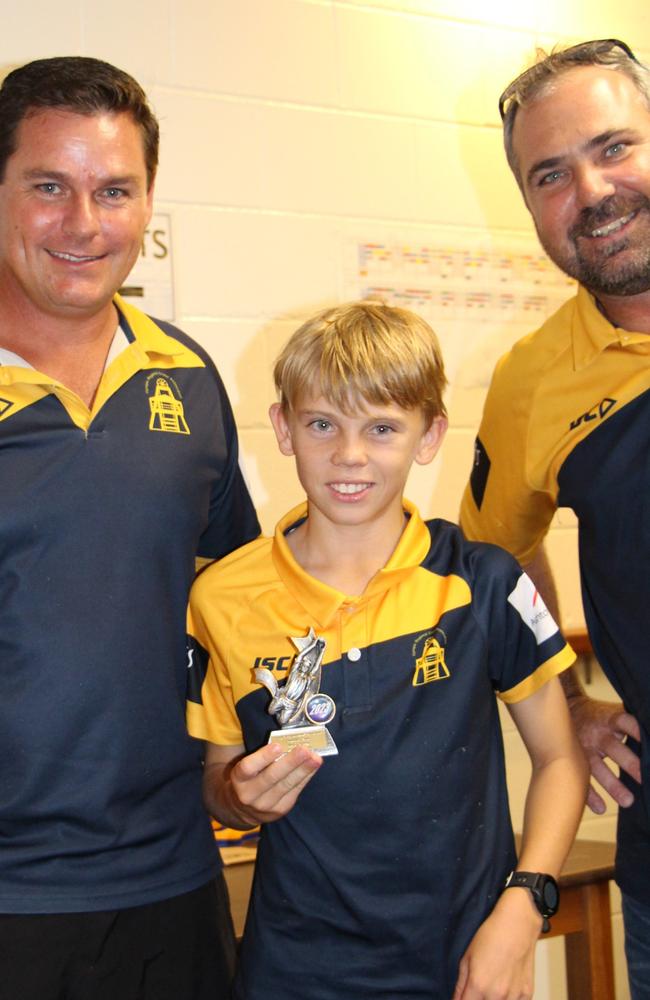 Todd Keogh and Alastair Lewis Congratulate Lachie Hudson on Most catches trophy. Picture: Supplied