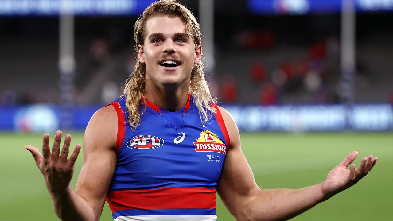 Bailey Smith engages with fans in the crowd at Marvel Stadium on Thursday night after his Western Bulldogs 11-point Round 3 win over Sydney. Picture: Michael Klein