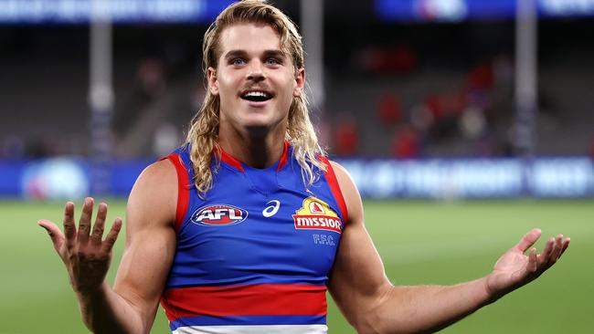 Bailey Smith engages with fans in the crowd at Marvel Stadium on Thursday night after his Western Bulldogs 11-point Round 3 win over Sydney. Picture: Michael Klein