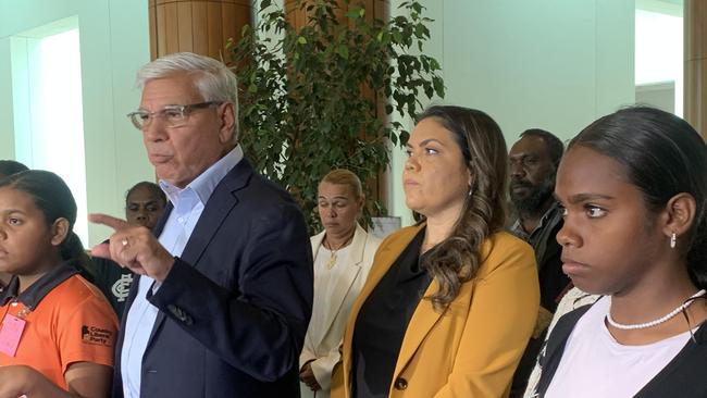 Senator Jacinta Nampijinpa Price, centre, and Warren Mundine, left, with 22 Indigenous community leaders from as far away as Ngukurr to demand the Prime Minister and Opposition Leader hear their No case. Picture: Sarah Ison