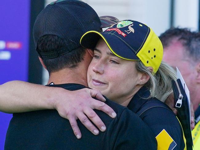 Ellyse Perry hugs Matt To’omua at the end of the match. Picture: AAP