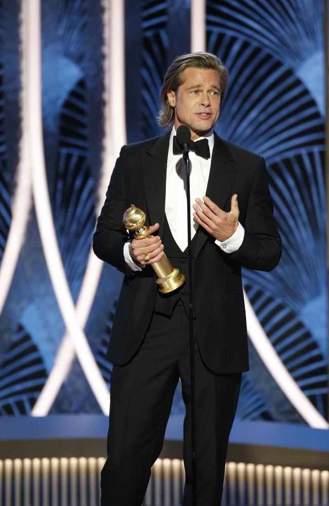 Brad Pitt won Best Supporting Actor for Once Upon a Time in Hollywood at the Golden Globes. Picture: AP