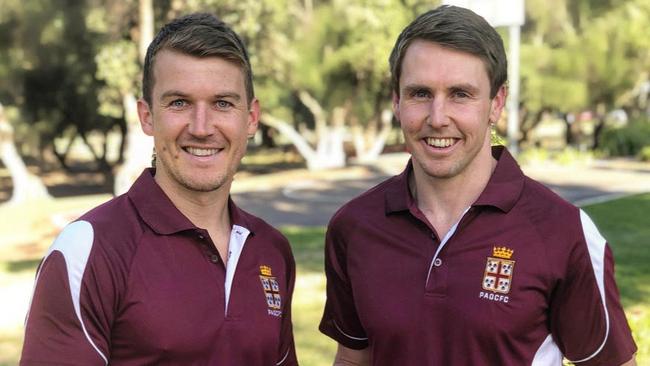 New Prince Alfred Old Collegians playing coach Craig Pitt (right) with former Melbourne and Port Adelaide player Jack Trengove (left), who will be Pitt's assistant next season. Picture: Prince Alfred Old Collegians Football Club