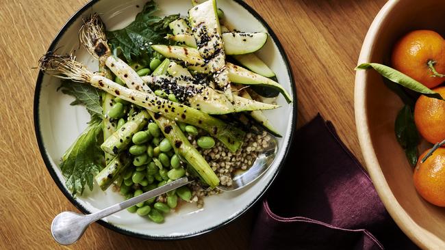 Grilled zucchini and asparagus salad with sesame and buckwheat. Picture: Con Poulos