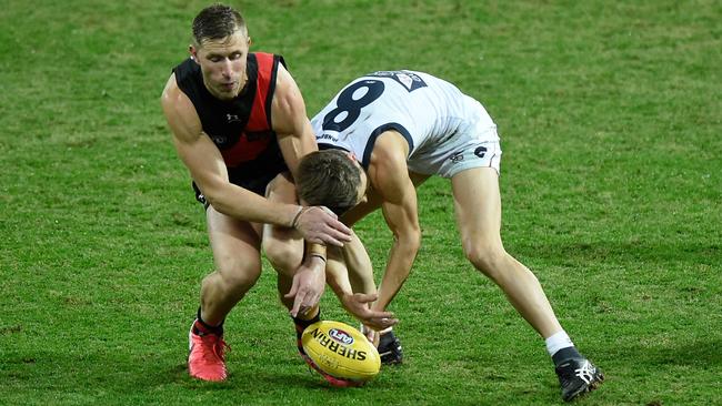 Callan Ward and Essendon’s Shaun McKernan collide. Picture: Getty Images