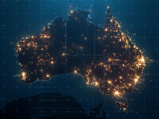 Night Map of Australia with City Lights Illumination. 3D render