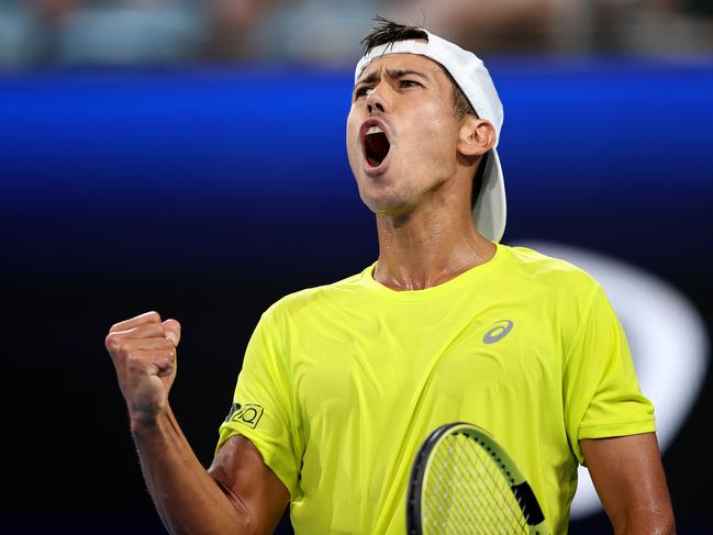 SYDNEY, AUSTRALIA - JANUARY 03: Jason Kubler of Australia celebrates a point in his group D match against Albert Ramos-Vinolas of Spain during day six of the 2023 United Cup at Ken Rosewall Arena on January 03, 2023 in Sydney, Australia. (Photo by Brendon Thorne/Getty Images)