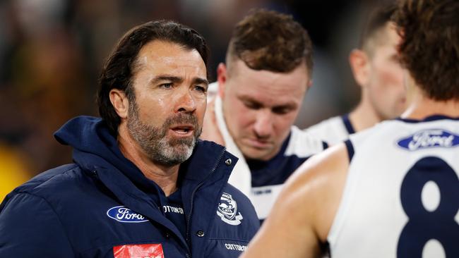 Chris Scott addresses his troops during last weekend’s win. Picture: Dylan Burns/AFL Photos via Getty Images