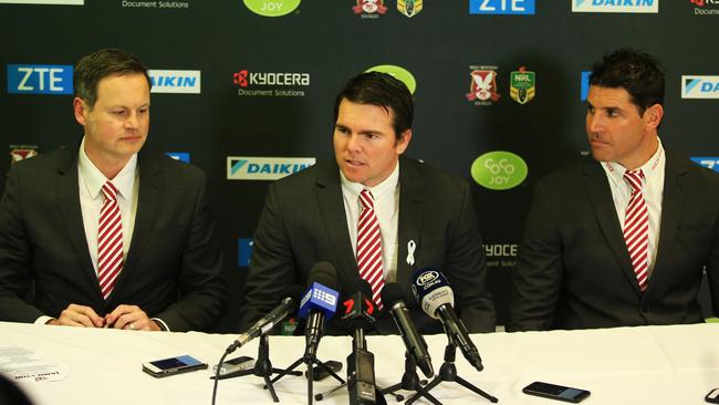 Jamie Lyon flanked by Scott Penn and Trent Barrett at a press conference this morning.